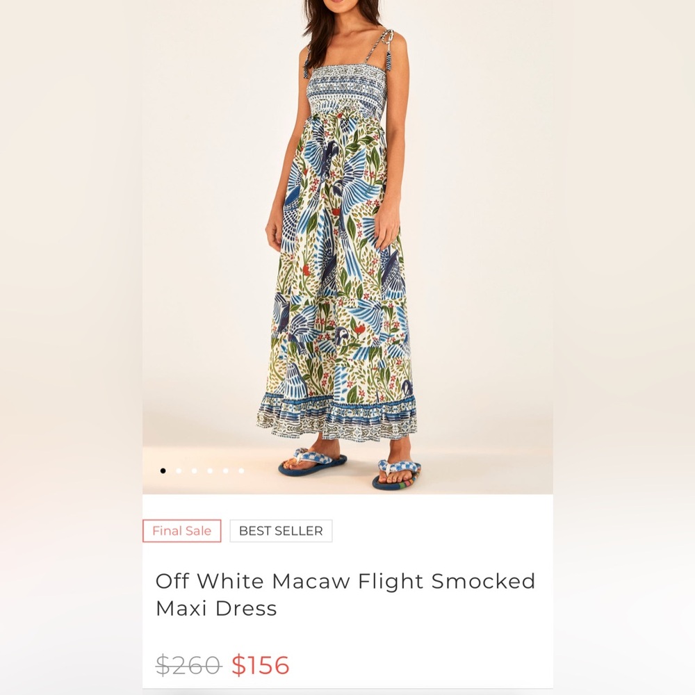 Farm Rio Off White Macaw Flight Smocked Maxi Dress MEDIUM